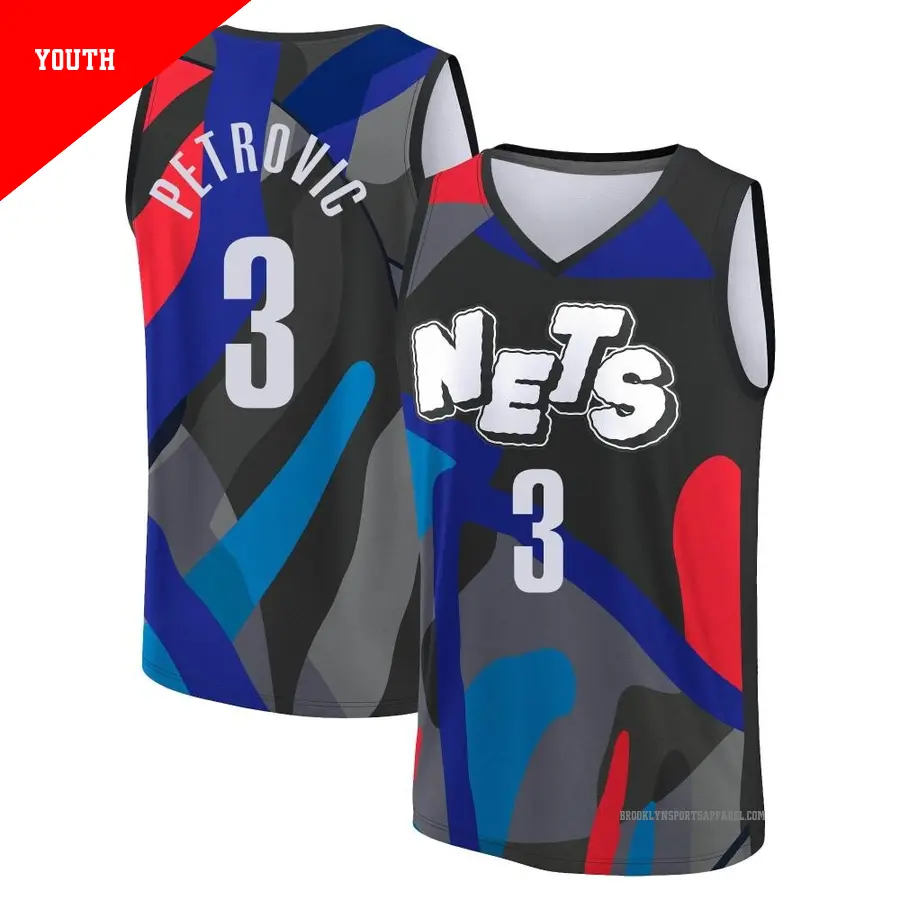 ＃3 Youth Drazen Petrovic Brooklyn Nets 2023/24 Fast Break Black City Edition Jersey